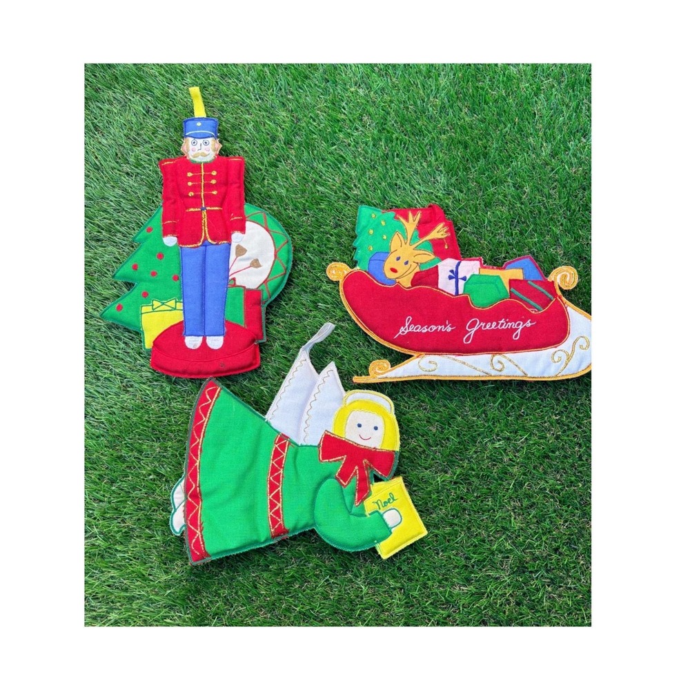 Vintage Hallie St Mary Christmas Fabric‎ Ornaments Set Nutcracker Angel Sleigh